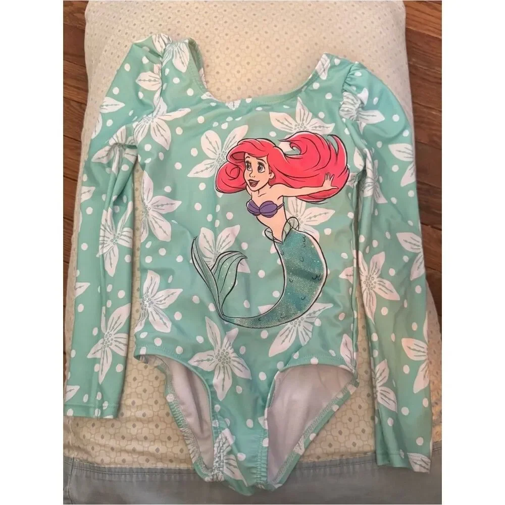 Disney Girls' Aqua Long-Sleeve One-Piece Swimsuit with Mermaid Graphic